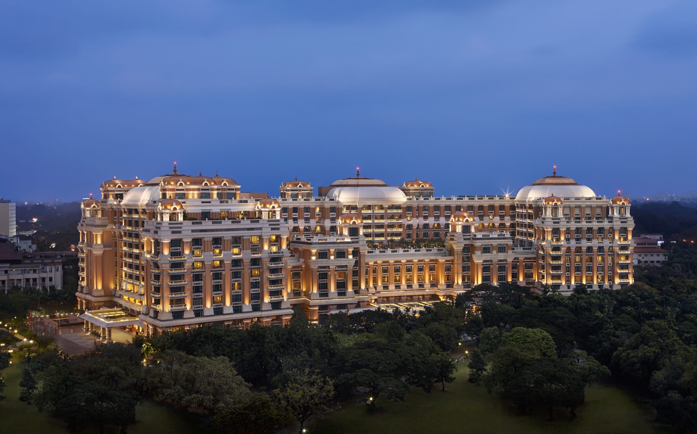 ITC Grand Chola illuminated at blue hour, Chennai